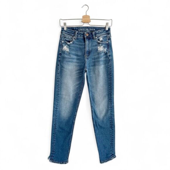 American Eagle AEO Distressed Stretch Mom Straight Jeans Blue Size 0 High Rise - Picture 1 of 9